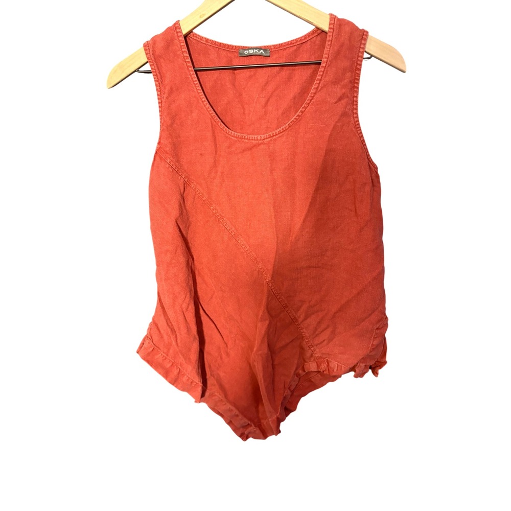 Oska Women Orange 100% Linen Asymmetrical Hem Sleeveless Tank Top Size 1 Regular